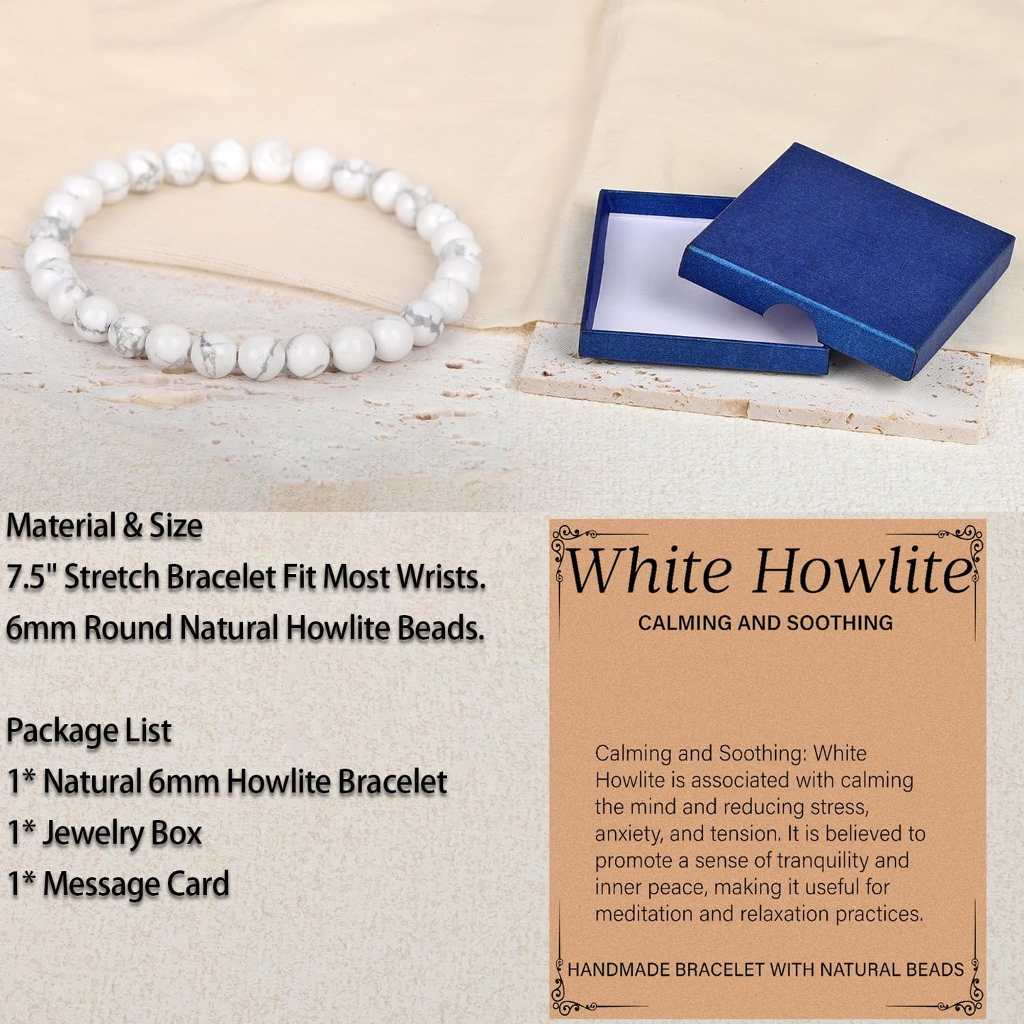 LPBeads Handmade Natural Gemstone Stretch Elastic 6mm White Howlite Bracelet Healing Crystal Round Stone Beads Jewelry Gifts for Women Men