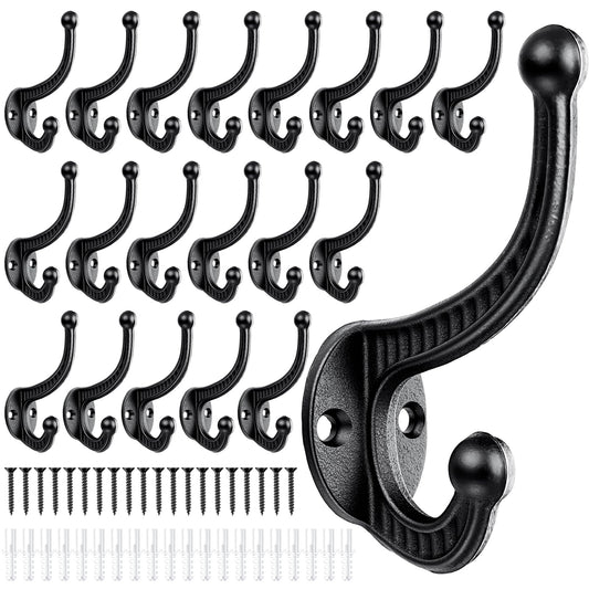 Frienda 20 Pack Rustic Cast Iron Coat Hooks Wall Mounted, Heavy Duty Double Robe Hooks with Screws and Anchors, Farmhouse Vintage Wall Hook for Coats, Hats, Towels, Bags, Keys, Entryway, Bathroom