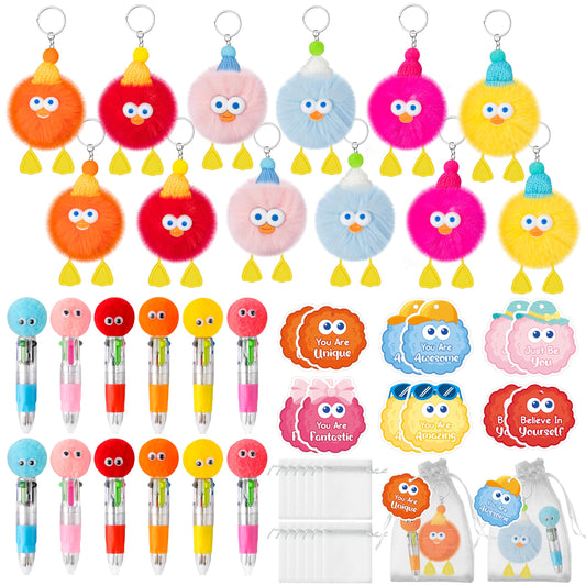 TICIAGA Fluffy Pom Pom Classroom Prize - 24 Set Cute Plush Toy Keychains with Motivational Gift Tags, 4-in-1 Ballpoint Pens and Organza Bags, Birthday Encourage Gifts for Girls Goodies Bag Fillers