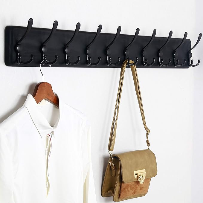 WEBI Coat Rack Wall Mount,Coat Hooks Wall Mounted Rustic,16" Hole to Hole,Large Coat Hanger Wall,Wood Hook Rack,5 Triple Hooks for Hanging Coats,Jacket,Clothes,Farmhouse,Black