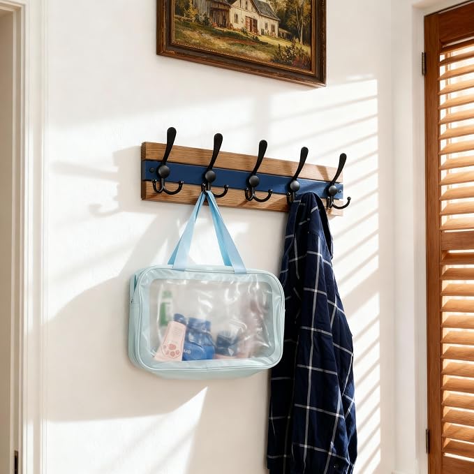SKOLOO Rustic Wall Mounted Coat Rack - 16-7/8" Long Coat Hooks for Wall with 5 Triple Hooks for Hanging Coats, Hats or Tools, Western National Parks Collection, Wood Brown & Blue, Pack of 2