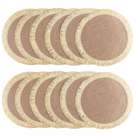 FunWheat 15 Inch Round Jute Placemats Set of 12, Braided Burlap Table Mats for Dining Table, Heat Resistant Farmhouse Woven Placemats for Fall Farmhouse Decor (Coarse-Edged Sunflower)