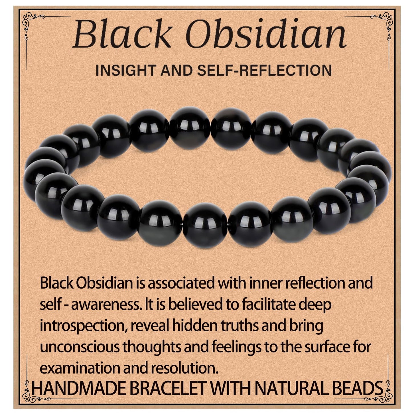 LPBeads Handmade Natural Gemstone Stretch Elastic 8m Black Obsidian Bracelet Healing Crystal Round Stone Beads Jewelry Gifts for Women Men