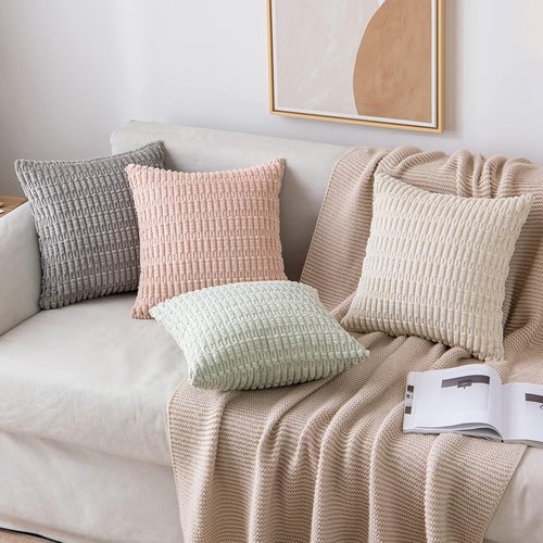 MIULEE Corduroy Decorative Throw Pillow Covers - Soft Boho Striped Design | 12x12 Inch Cream White for Sofa & Bed
