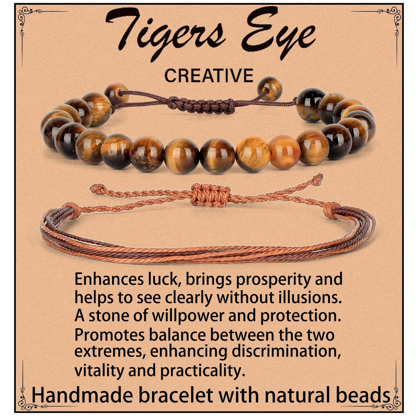 LPBeads 8mm Yellow Tiger's Eye Bracelet with Handmade Rope Bracelet Size Adjustable Natural Stone Crystal Healing Bracelets Gifts for Unisex Adults