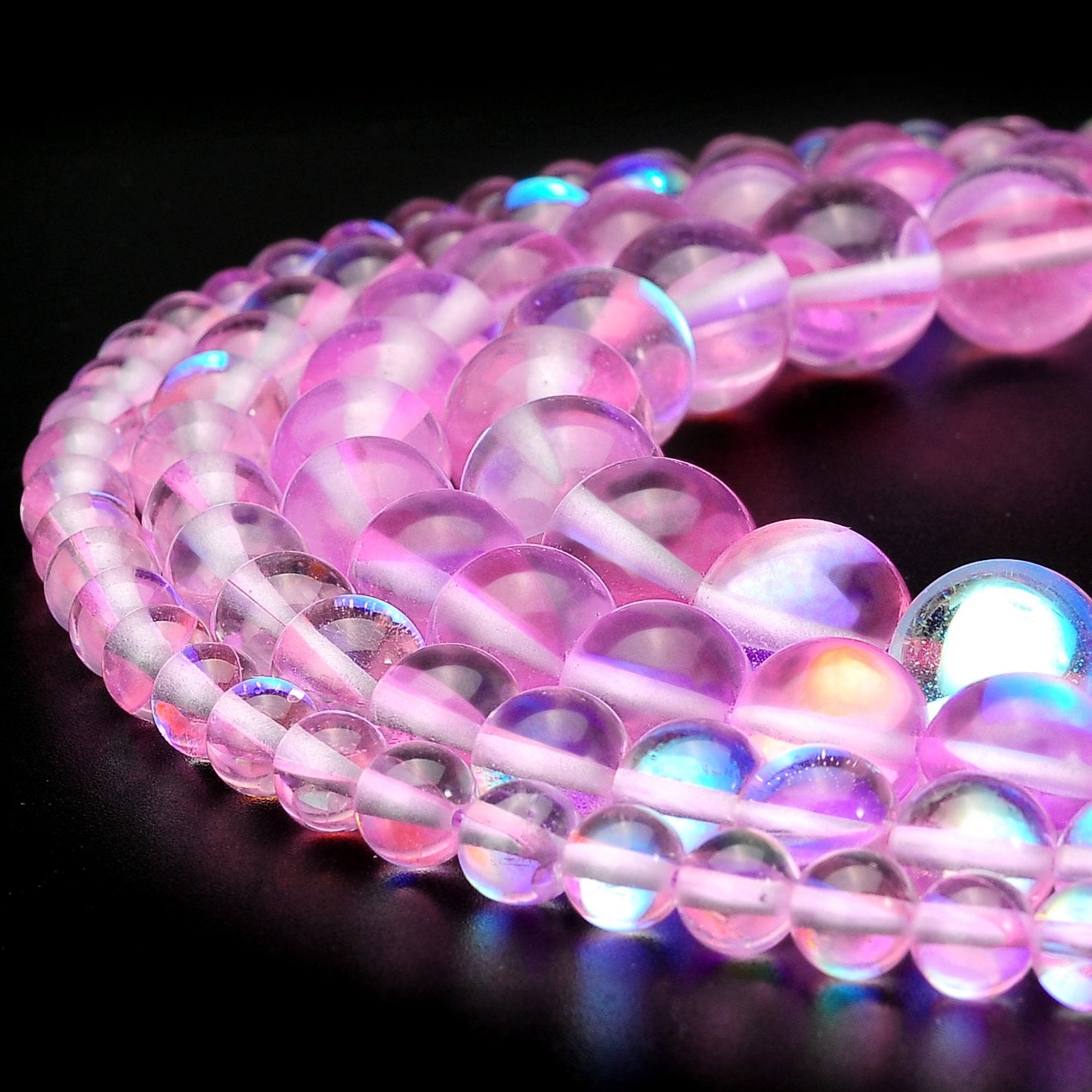 RUBYCA Round Moonstone Crystal Glass Beads Aura Iridescent for Jewelry Making (1 Strand, 12mm, Pink)