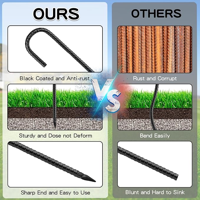 Black Rebar Stakes 16inx10mm Galvanized J Hook 12pcs – Heavy Duty Ground Tent Stakes for Fence,Bounce House,Outdoor Plants,Artificial Turf,Dog Coop,Metal Stakes for Christmas Decorations