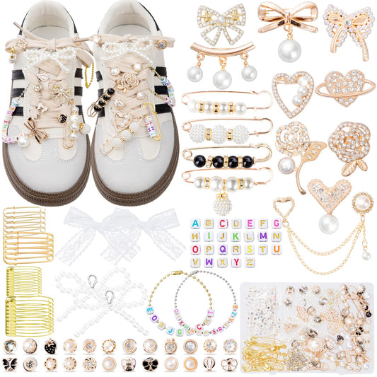 RQAYE 410pcs Shoe Charms for Sneakers & Accessories - DIY Shoe Lace Pearl Rhinestone Brooches and Pins for Women,Junk Socks Charms Kit and Satin Cute Shoelace Accessories