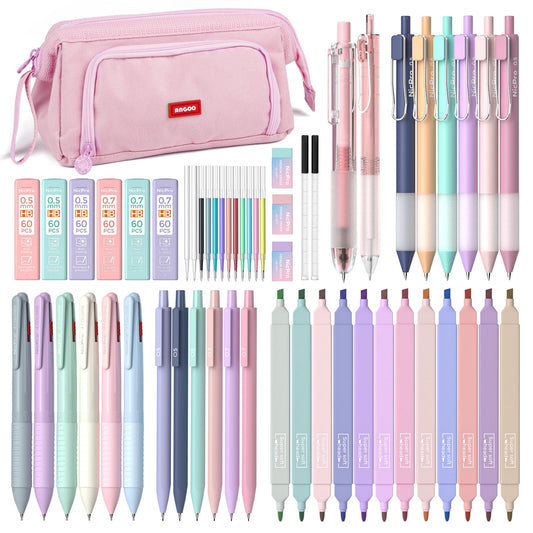 Nicpro 52PCS Aesthetic School Supplies with Cute Pencil Case, 12 Color Pastel Highlighter, 8 Gel Pens, 6 Multicolor Pen, 6 Mechanical Pencils 0.5 & 0.7 mm for Girls Student Stationary Set Preppy Stuff