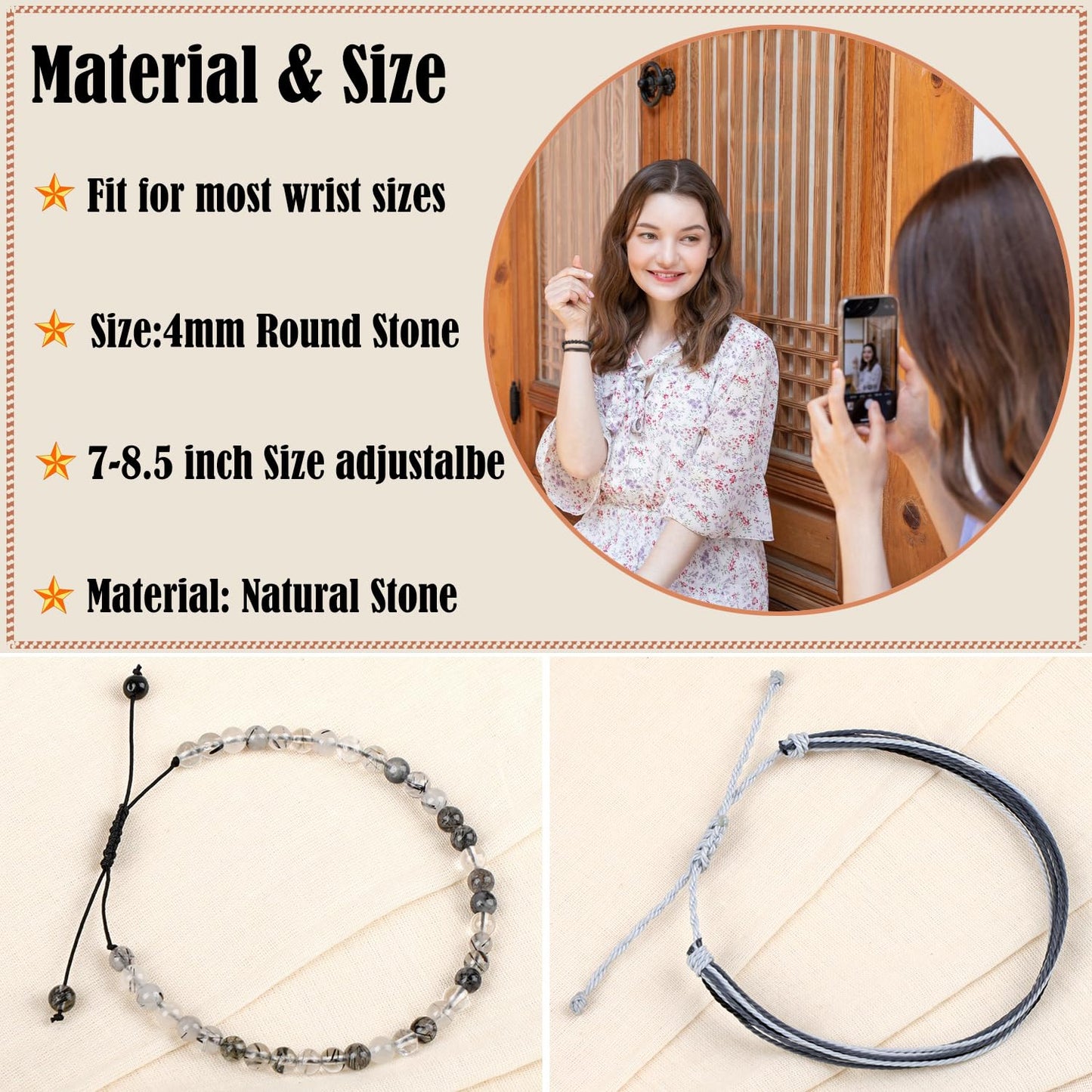 LPBeads 4mm Black Rutilated Bracelet with Handmade Rope Bracelet Size Adjustable Natural Stone Crystal Healing Bracelets Gifts for Unisex Adults