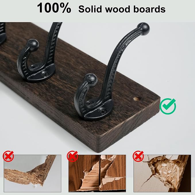 WEBI Rustic Coat Rack Wall Mount,24" Long 6 Cast Iron Coat Hooks Wall Mounted,Heavy Duty Wood Wall Coat Hanger Hooks for Hanging Coats,Jacket,Clothes,Backpack,Farmhouse,Weathered Brown