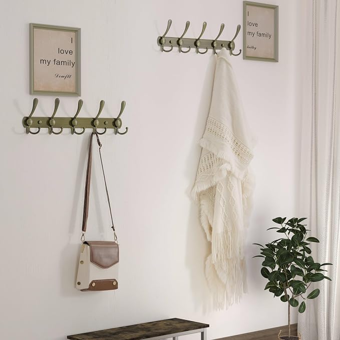 Dseap Wall Mounted Coat Rack - 5 Tri Hooks, Heavy Duty, Stainless Steel, Metal Coat Hook Rail for Coat Hat Towel Purse Robes Mudroom Bathroom Entryway (Bronze, 2 Packs)