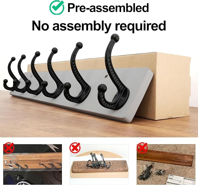 WEBI Rustic Coat Rack Wall Mount,24" Long 6 Cast Iron Coat Hooks Wall Mounted,Heavy Duty Wood Wall Coat Hanger Hooks for Hanging Coats,Jacket,Clothes,Backpack,Farmhouse,Gray,2 Packs