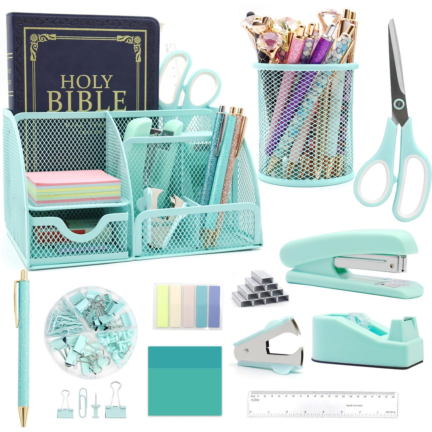 12 in 1 Green Desk Organizers & Accessories Set, Office Supplies Include Stapler, Pen Holder, Tape Holder, Scissors, Ruler, Staple Remover for Home & School