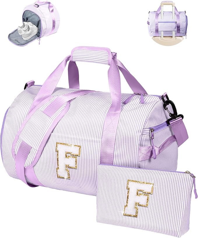 Easter Basket Essentials, Girl Gym Bag, Kids Initial Overnight Duffel Bags with Shoe Compartment, Personalized Dance Bag with Makeup Pouch, Preppy Things for Daughter (Letter F)