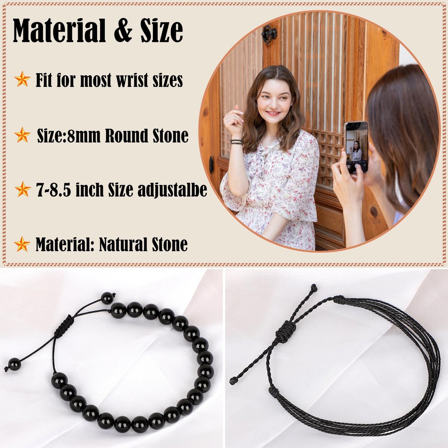 LPBeads 8mm Black Onyx Bracelet with Handmade Rope Bracelet Size Adjustable Natural Stone Crystal Healing Bracelets Gifts for Unisex Adults