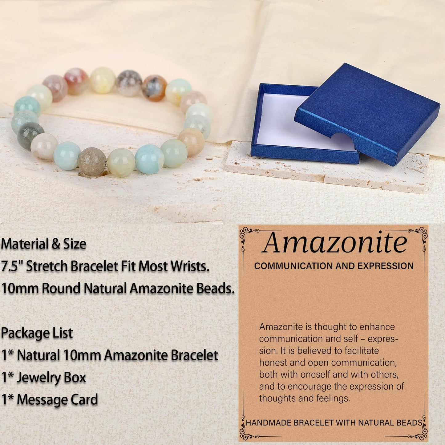 LPBeads Handmade Natural Gemstone Stretch Elastic 10mm Mulitcolor Amazonite Bracelet Healing Crystal Round Stone Beads Jewelry Gifts for Women Men