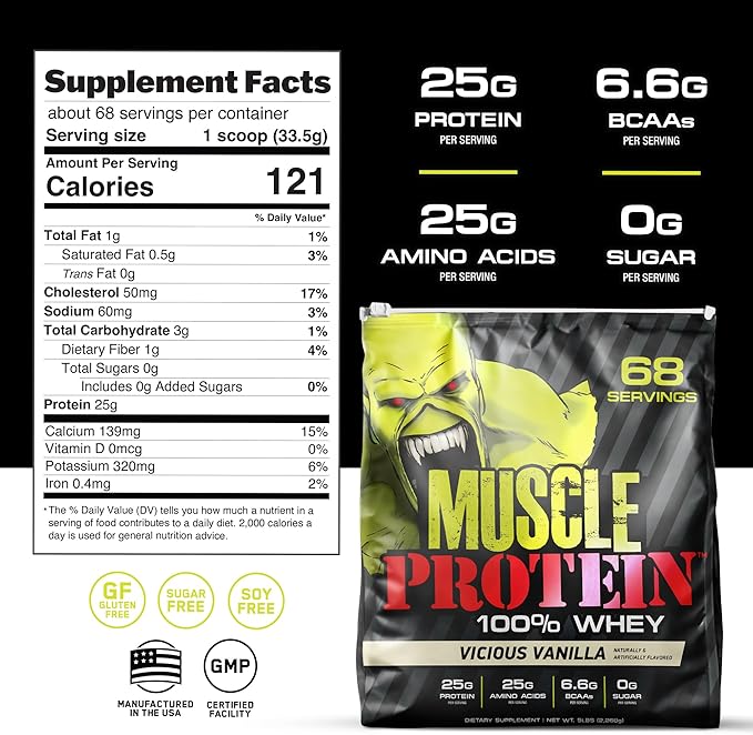 Muscle Protein Whey Powder [5 lbs/Pack of 1]??Cold Filtered, 25g Pure Protein, 6.6g BCAAs (Packaging May Vary) (5LB, Chocolate)