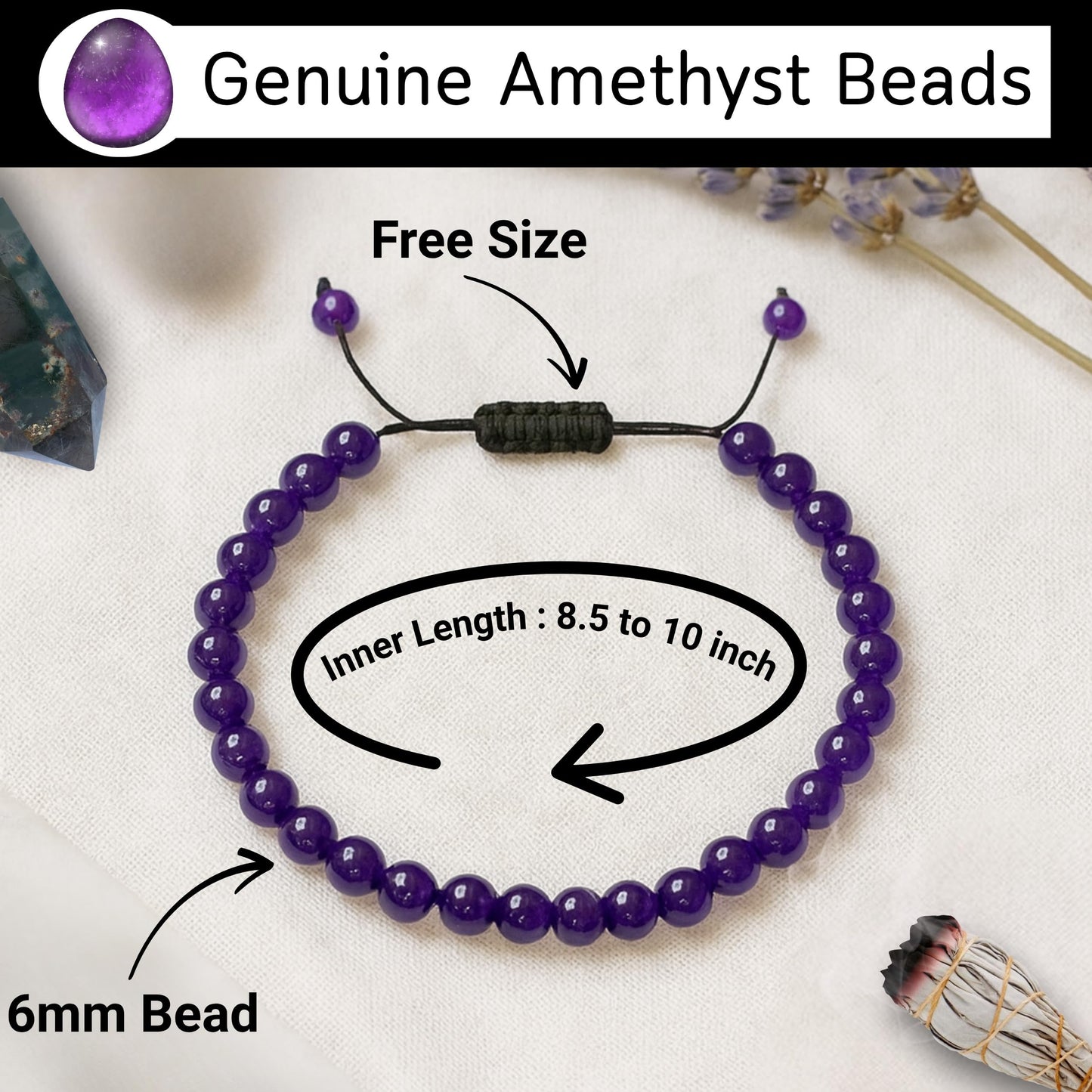 Amazing Gemstone Amethyst Anklet Ankle Bracelets for Women - Waterproof Beaded Healing Crystal Anklets, Plus Size Chakra Gemstone Bead Anklet (Stretchy Adjustable - Plain)