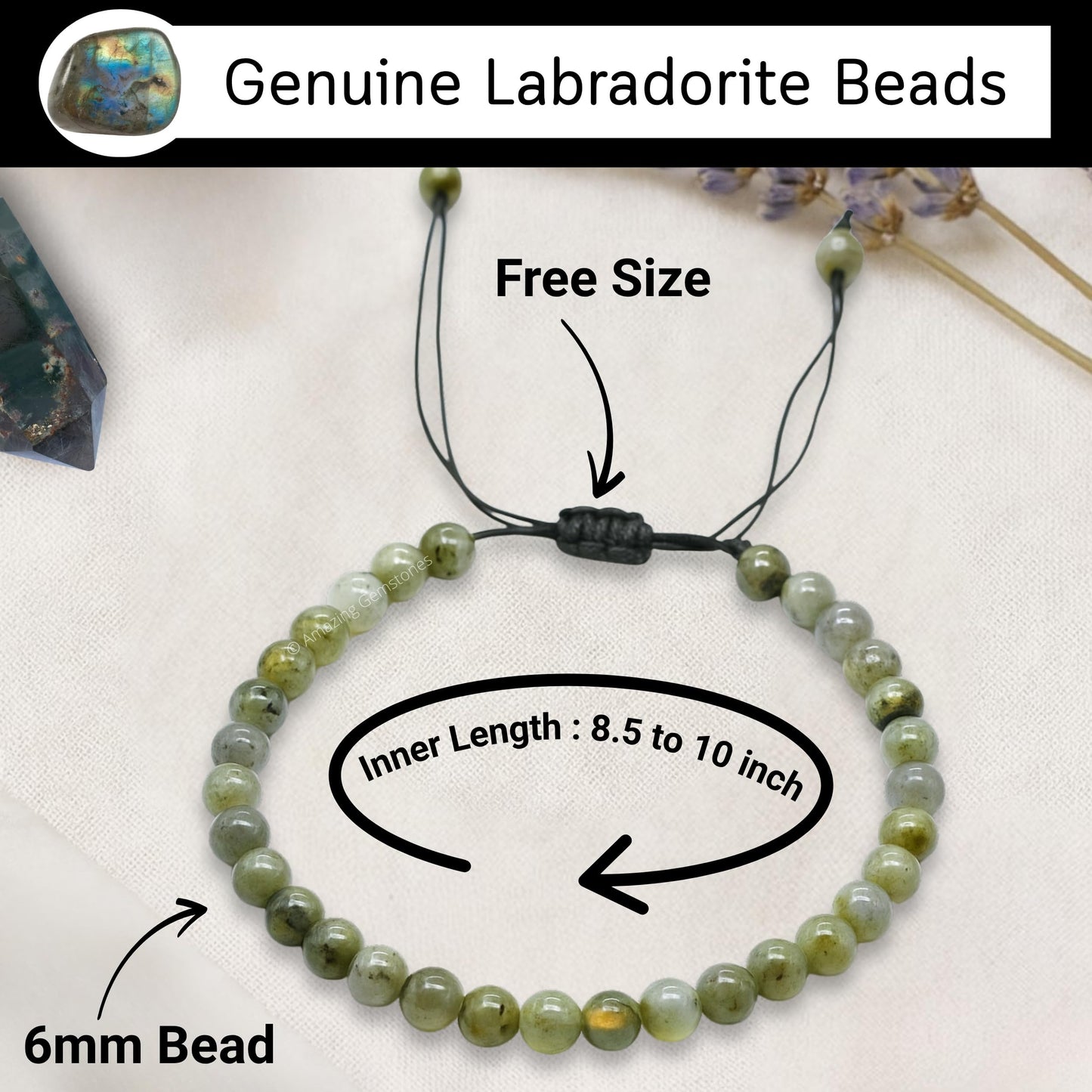 Amazing Gemstone Labradorite Anklet Ankle Bracelets for Women - Waterproof Beaded Healing Crystal Anklets, Plus Size Chakra Gemstone Bead Anklet (Stretchy Adjustable - Plain)