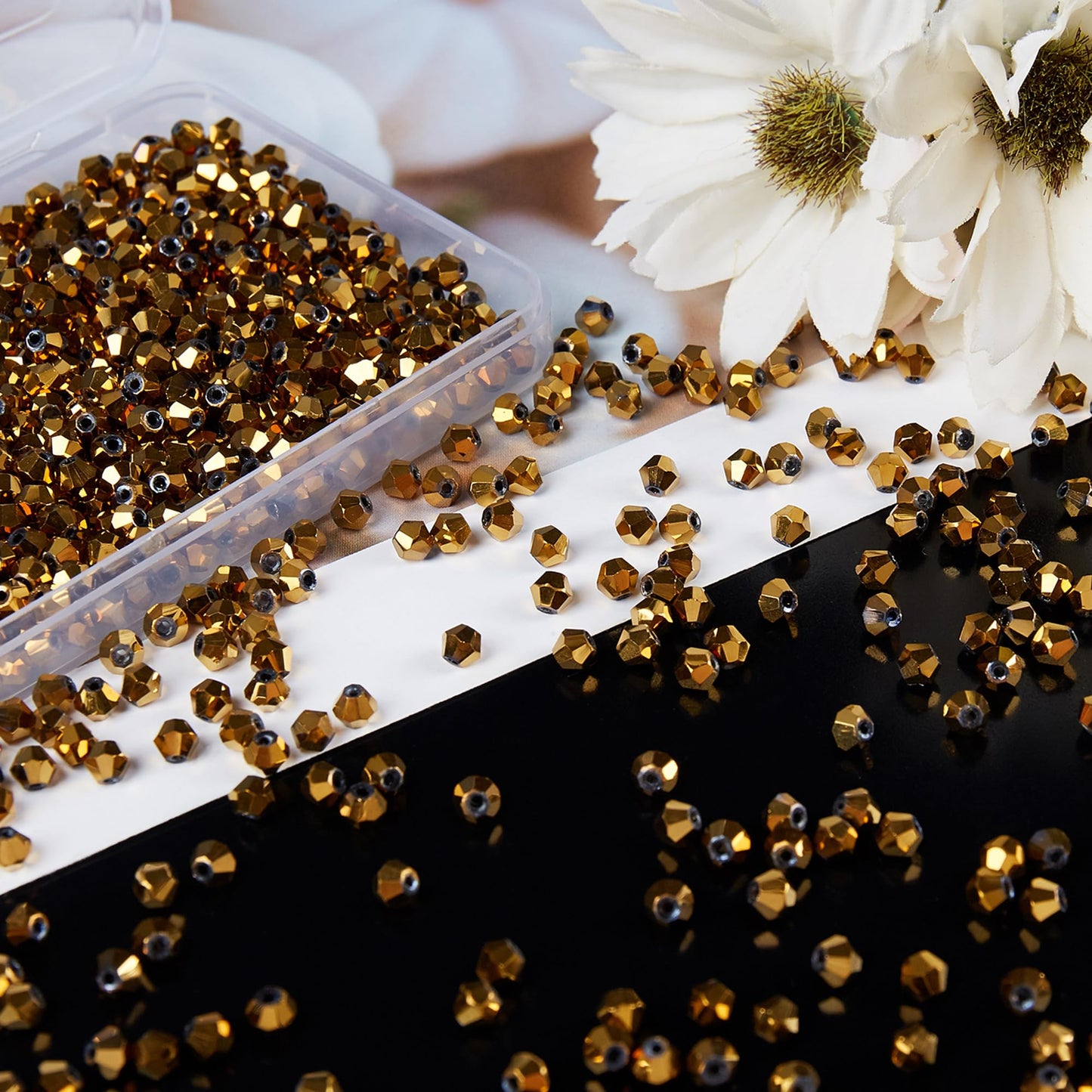 Laopottbeads 1100PCS 4mm Bicone Crystal Glass Beads for Jewelry Making, Sparkling Mini Beads for Suncatchers, DIY Bracelets & Craft Projects (Coffee Gold)