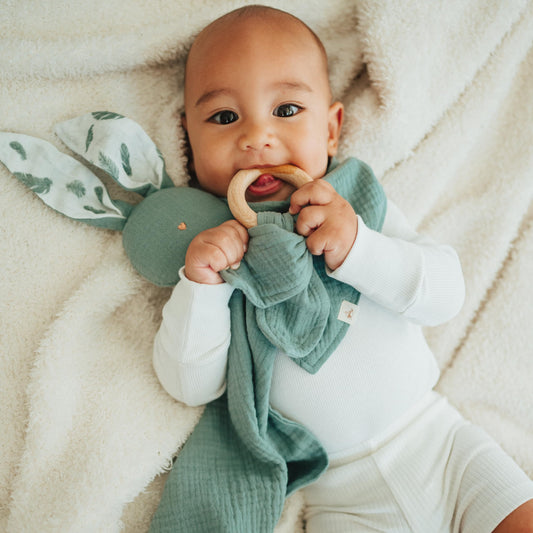 Mikito Organic Cotton Newborn Gift Box, Unisex Baby Gifts Including Muslin Lovey Comforter, Bandana Bib, Wooden Teether & Birth Announcement Sign