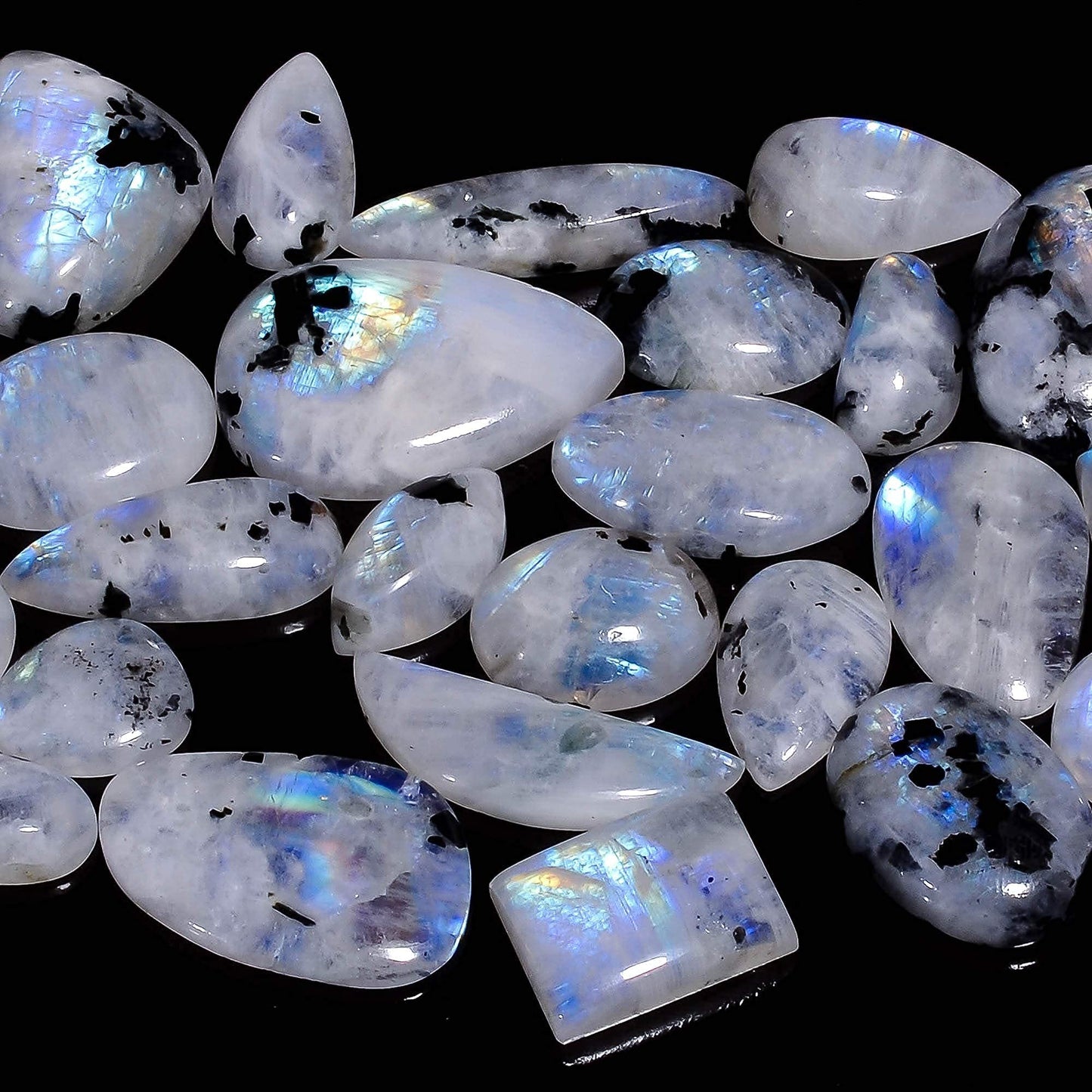 GEMKORA 4 to 5pcs Natural Tourmilated Rainbow Moonstone Crystal Wholesale Lot, June Birthstone, Cabochon Gemstone, Jewelry Making Supplies, Blue Sheen, Natural Mineral, Chakra Healing