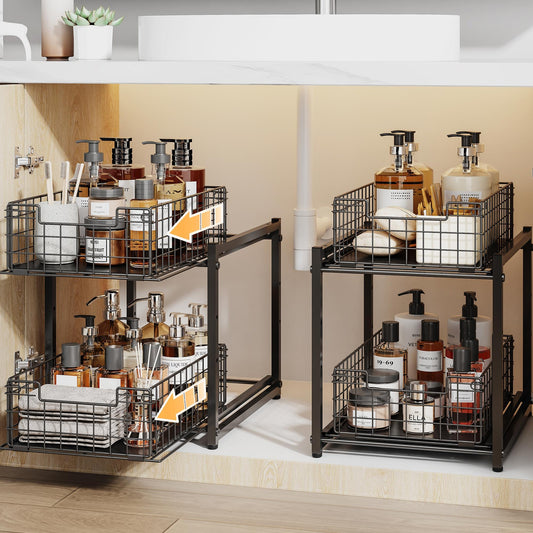 Under Sink Organizer, 2-Tier Pull Out Cabinet Organizer, Kitchen Bathroom Organizer and Storage, Spice Rack for Kitchen, Multi-use Sliding Drawers Shelves, Pack of 2