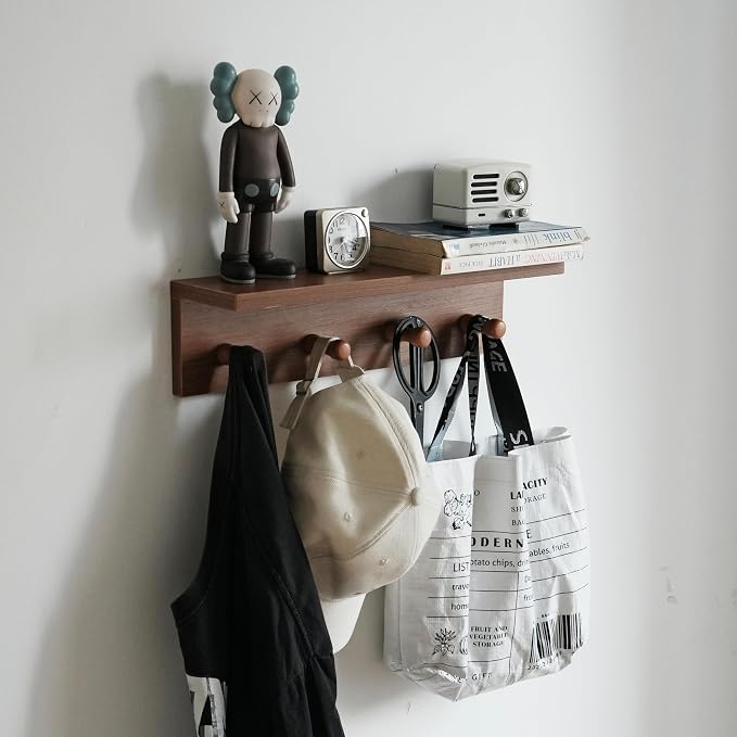 Entrance Coat Rack ，Coat Hooks, Wall-Mounted Wooden Hook Rack, Wall-Mounted Shelves are Very Suitable (Teak Color Finish—A-2)