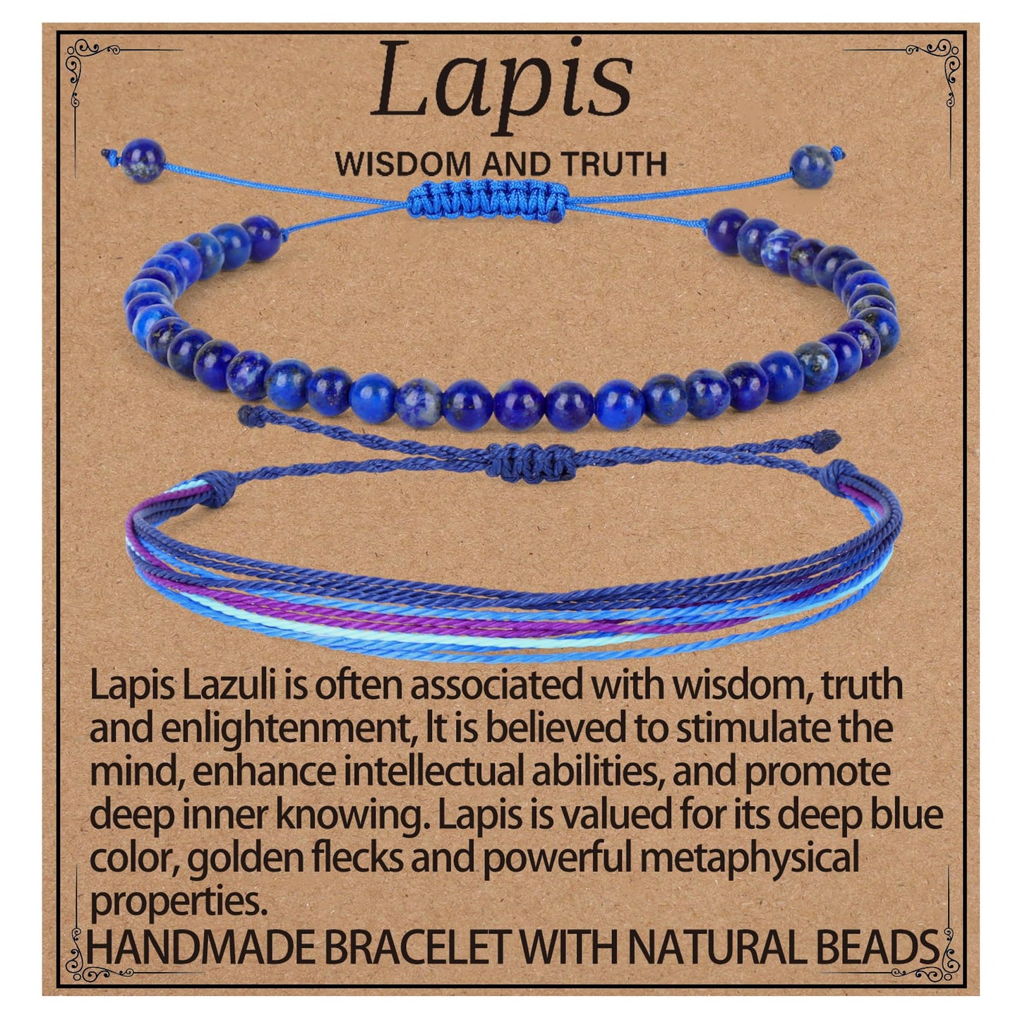 LPBeads 4mm Blue Lapis Bracelet with Handmade Rope Bracelet Size Adjustable Natural Stone Crystal Healing Bracelets Gifts for Unisex Adults