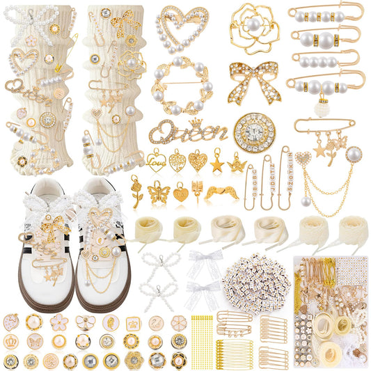 Tetutor 389 pcs Shoe Charms for Sneakers, Junk Socks Charms Kit, Pearl and Rhinestone Shoelace Charm with Brooches and Pins for Women, DIY Accessories for Decorating and Personalizing Socks