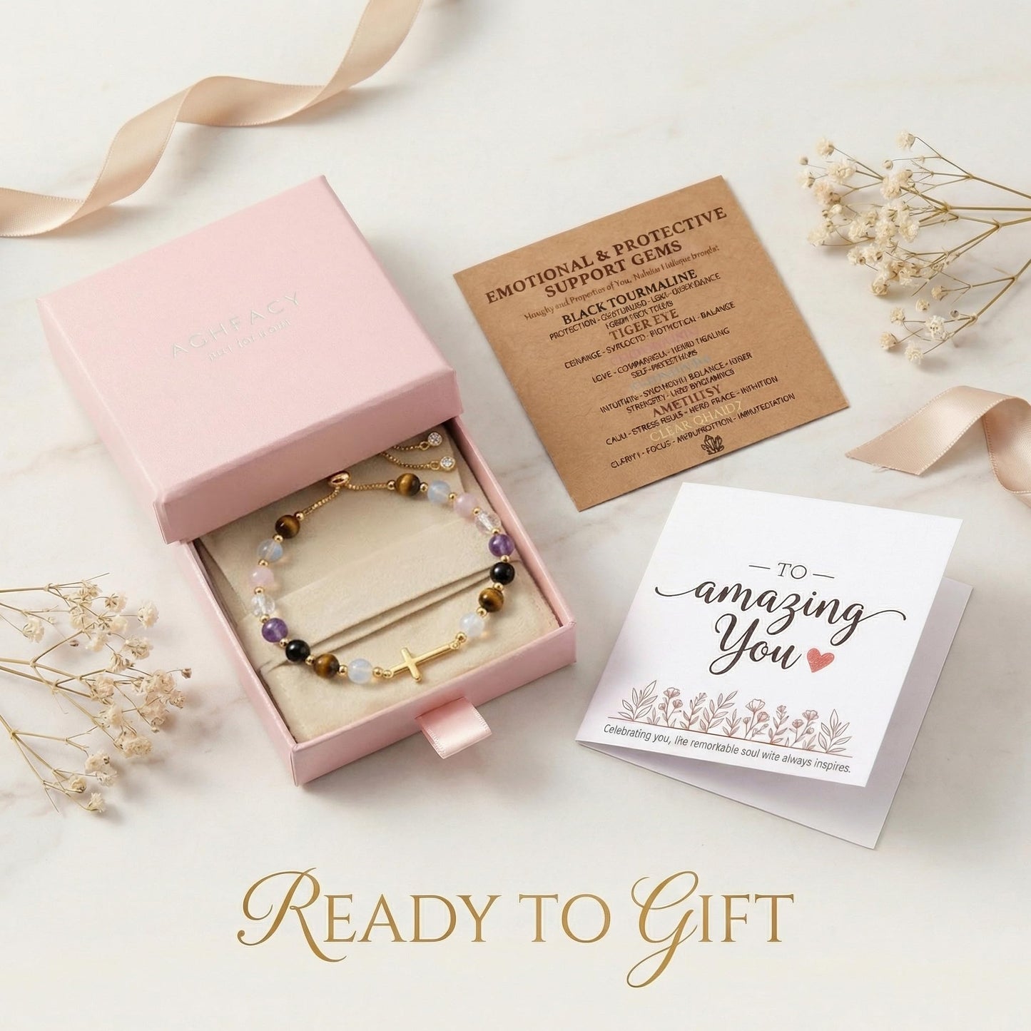 Aghfacy Daughter Gifts from Mom Cross Bracelet Natural Gemstone Crystal Bracelet Gold Cross Charm Christian Gifts for Daughter Birthday Adult Adjustable with Message Card