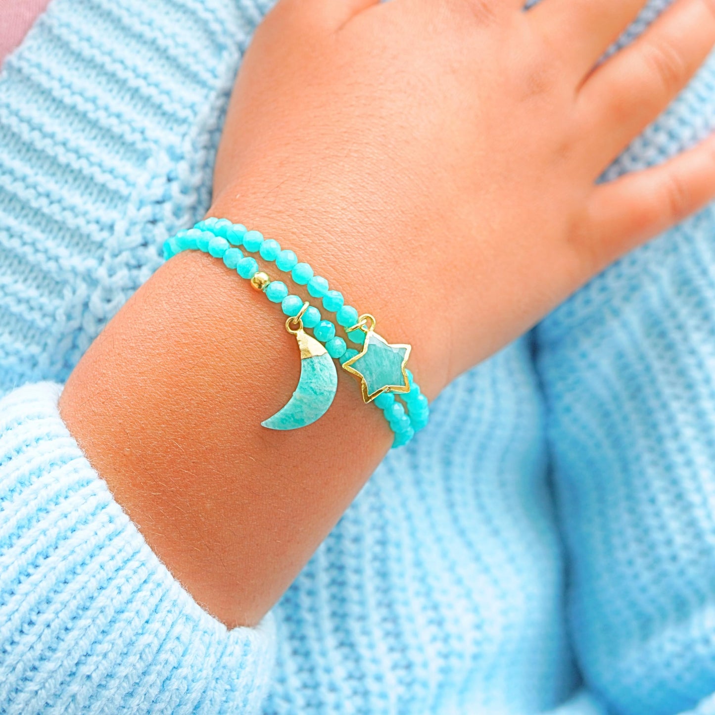 Amazonite Bracelet Party Favor for Girls, Toddler Bracelet with Certified 925 Sterling Silver 18K Gold Vermeil Amazonite Crystal Star Charm, Natural Non-Toxic Organic Gift