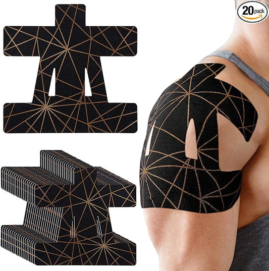 Geiserailie 20 Pcs Precut Kinesiology Tape for Shoulder, Pain Relief Pre Cut Sports Waterproof Breathable Enhance Elastic Copper Infused Kinesiology Athletic Tape for Body Support and Muscle Black