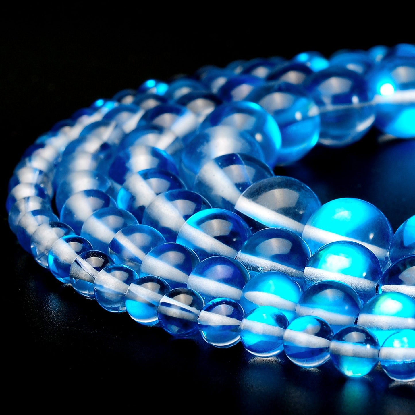 RUBYCA Round Moonstone Crystal Glass Beads Aura Iridescent for Jewelry Making (1 Strand, 10mm, Blue)