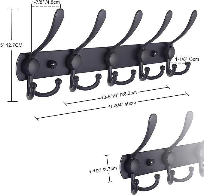 Dseap Coat Rack Wall Mounted - 5 Tri Hooks, Heavy Duty, Stainless Steel, Metal Coat Hook Rail for Coat Hat Towel Purse Robes Mudroom Bathroom Entryway (Black, 2 Packs)