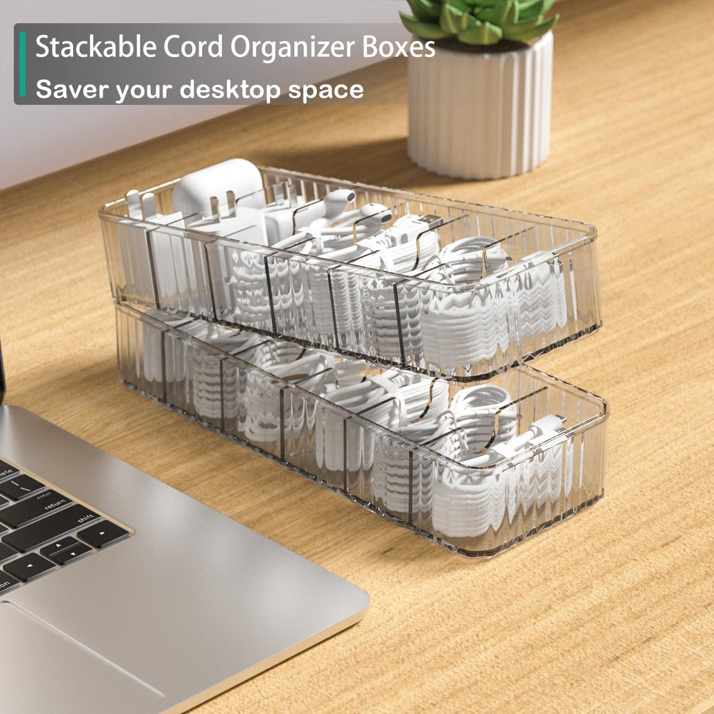 Tamomic Cable Storage Boxes Organizers 2 Pack,Cord Charger Storage Organizer Box Case with 20pcs Cable Ties,Stackable,Clear