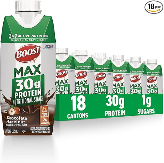 BOOST MAX Protein Shakes Ready to Drink - 30g High Protein Shake - Hazelnut | Nutritional Drinks to Support Muscle Recovery After Exercise, 26 Vitamins & Minerals, 1g Sugar, 11 fl oz (Pack of 18)