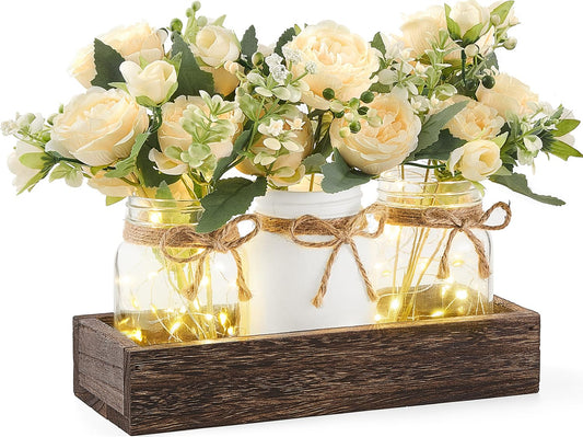 Mkono Mason Jar Lights Centerpiece Table Decor for Dining Room Farmhouse Wood Tray with 3 Jars Flowers Valentines Day Decoration for Coffee Table Kitchen Living Room Wedding