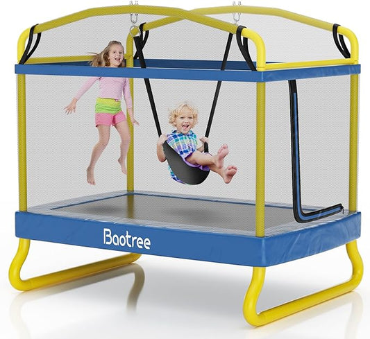 6.5FT Rectangle Trampoline for Kids, 78”ASTM Approved Recreational Trampolines with Swing, Small Toddler Trampoline with Safety Enclosure Net, Outdoor and Backyard, Gifts for Children & Boys & Girls