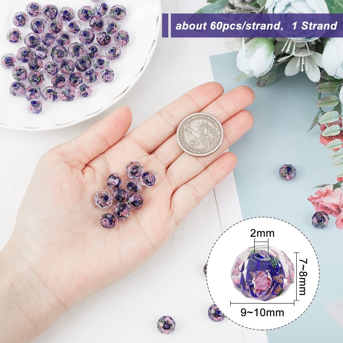 PH PandaHall 60pcs 8~10mm Midnight Blue Rose Lampwork Beads Gold Sand Glass Beads 2mm Hole Flower Glass Beads Floral Handmade Lampwork Beads Round Loose Beads for Rosary Making Jewelry Craft Making