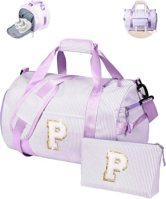 Gifts for Teenage Girls, Girl Gym Bag, Kids Initial Overnight Duffel Bags with Shoe Compartment, Personalized Dance Bag with Makeup Pouch, Gift Ideas for Granddaughter (Letter P)