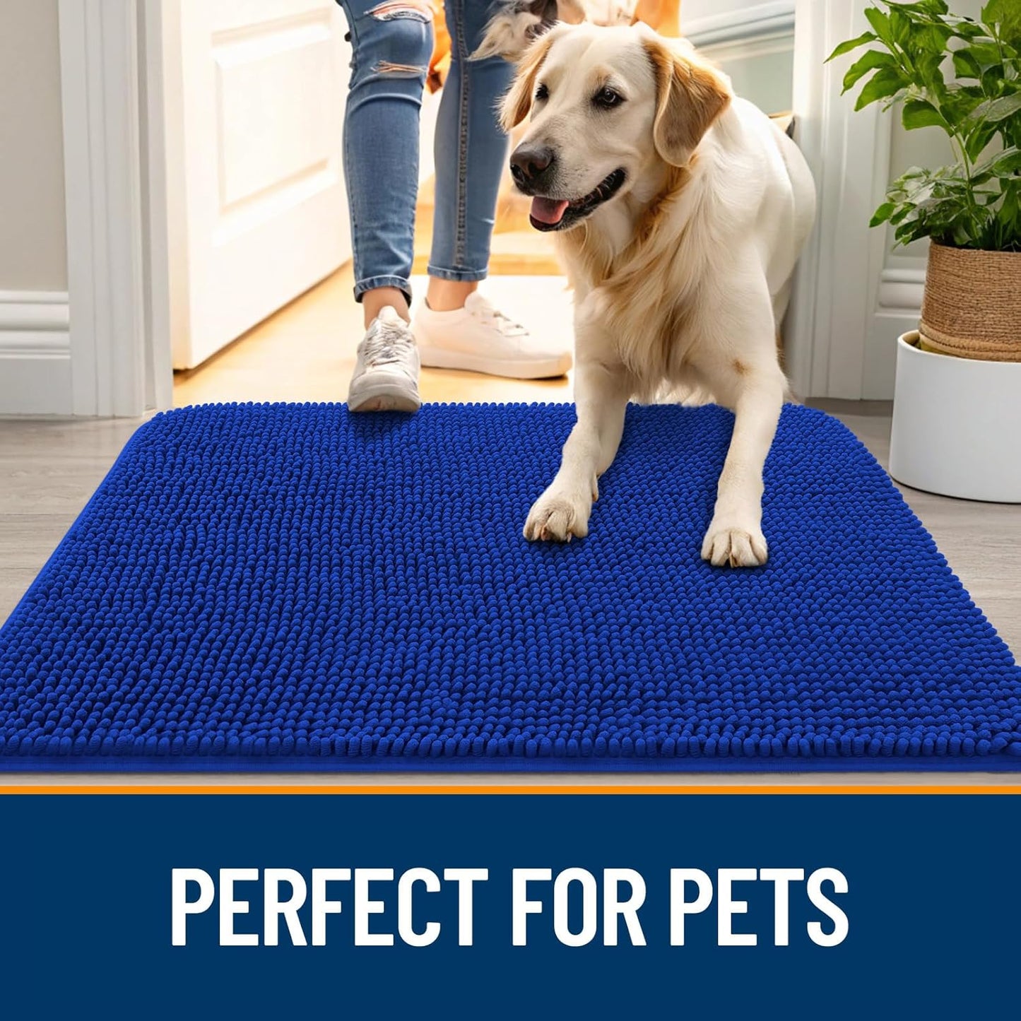 OLANLY Dog Door Mat - Absorbent Non-Slip Chenille for Muddy Paws | Quick Dry 47x17 Royal Blue Doormat