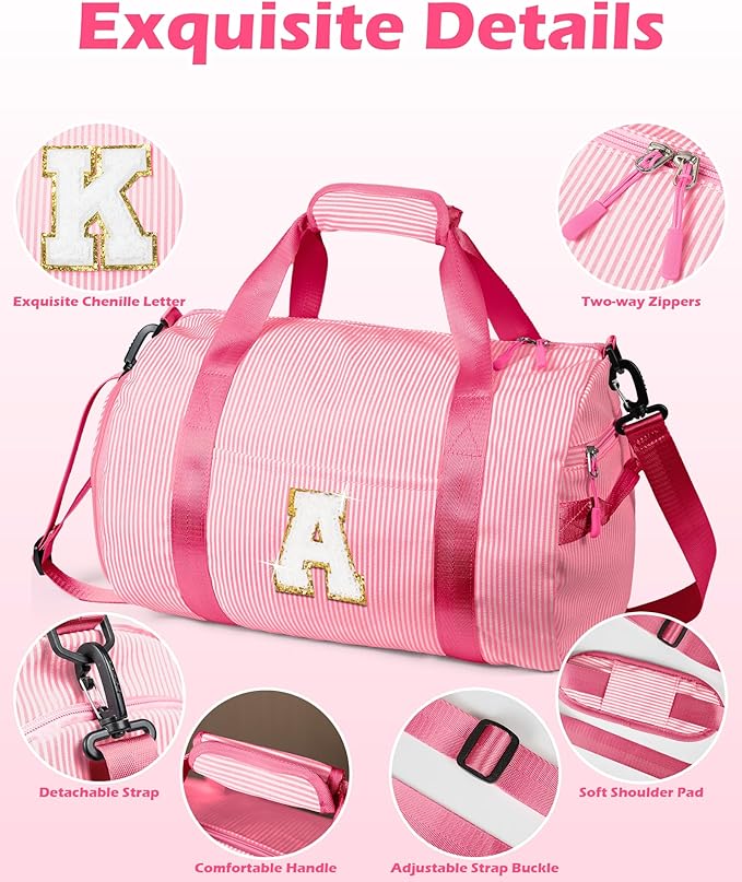 Girls Cheer Up Gifts, Girl Gym Bag, Kids Initial Overnight Duffel Bags with Shoe Compartment, Personalized Travel Bag with Makeup Pouch, Birthday Gift for Granddaughter (Letter D)