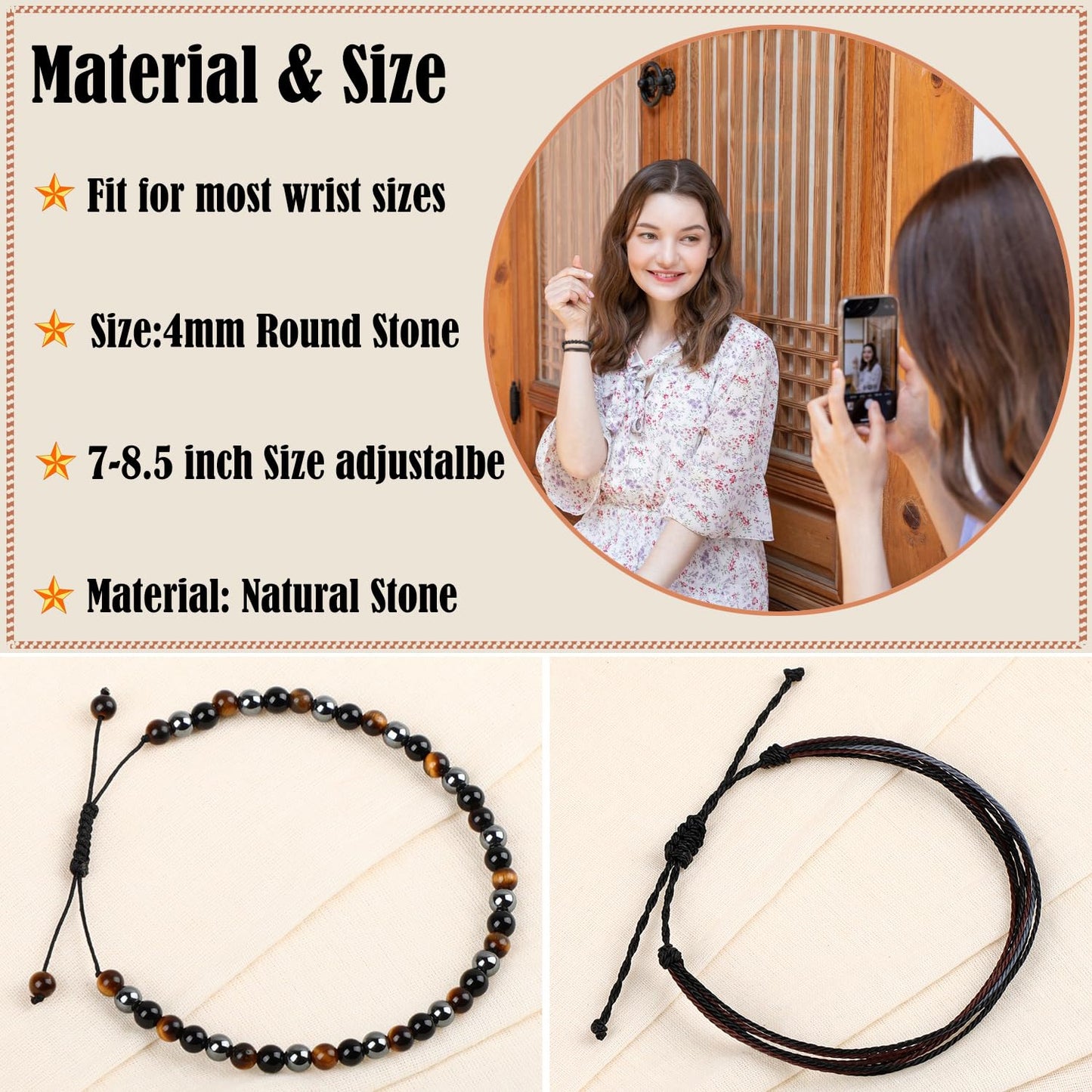 LPBeads 4mm Onyx Tiger's eye Hematite Mixed stone Bracelet with Handmade Rope Bracelet Size Adjustable Natural Stone Crystal Healing Bracelets Gifts for Unisex Adults