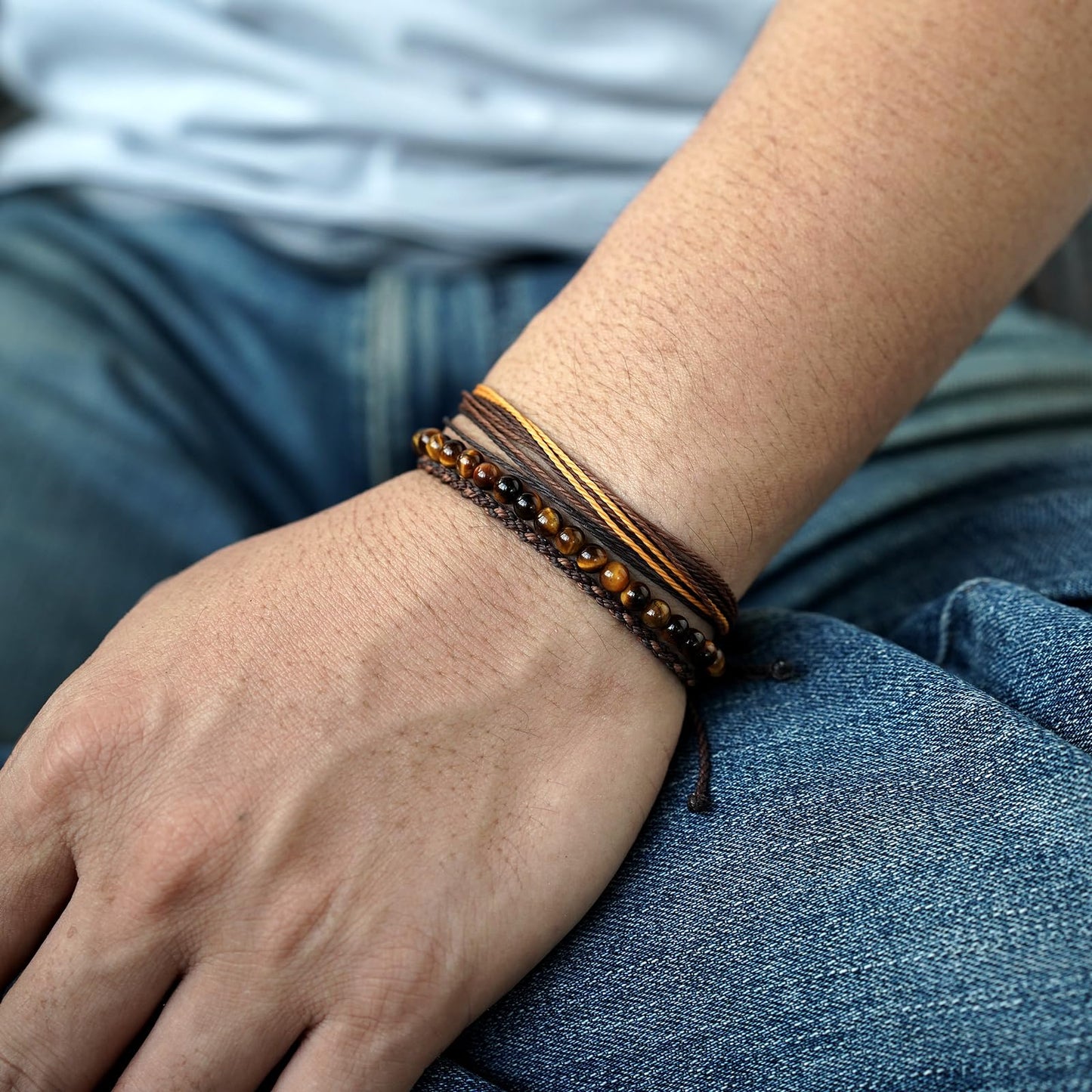 Handmade Natural Stone Beaded Healing Bracelet Gift for Men Adjustable Rope String Bracelet (Tiger Eye（Bright）, Adjustable)