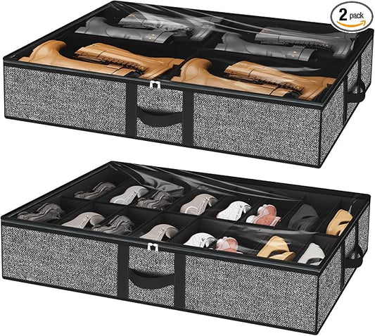 homyfort Under Bed Shoe Storage Organizer Fits 16 Pairs Shoes and 4 Pairs Boots, Underbed Shoe Storage Boxes Bins, Organizador De Zapatos, Extra Large Zapateras Organizer for closet, Black, Set of 2