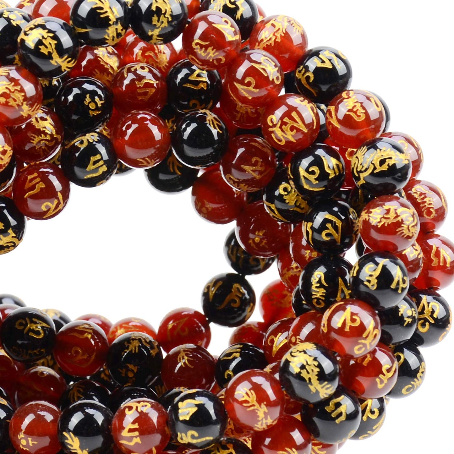 80Pcs Natural Crystal Beads Stone Gemstone Round Loose Energy Healing Beads with Free Crystal Stretch Cord for Jewelry Making (Craved Dragon Mantra Red Black Agate, 10mm)