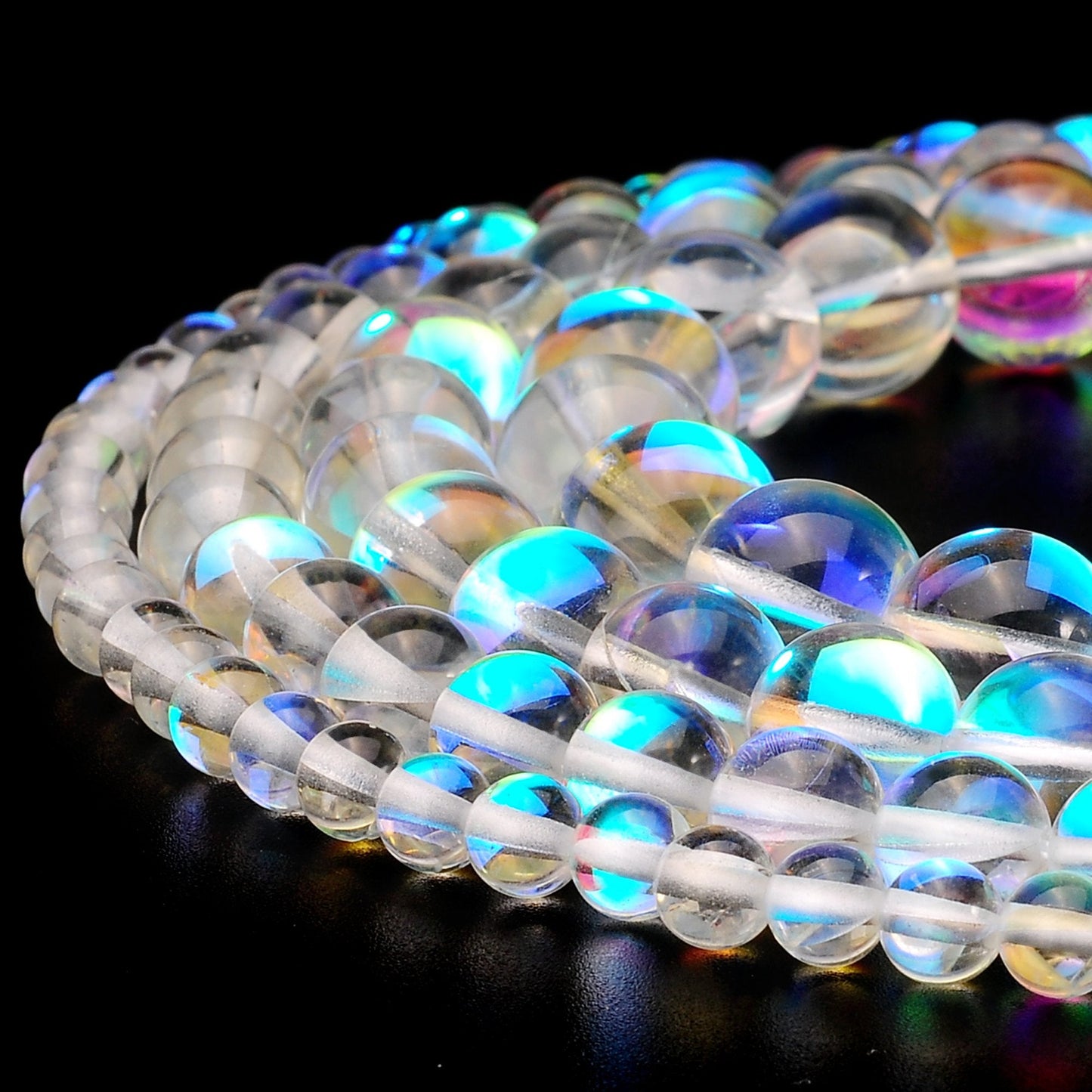 RUBYCA Round Moonstone Crystal Glass Beads Aura Iridescent for Jewelry Making (1 Strand, 12mm, White)