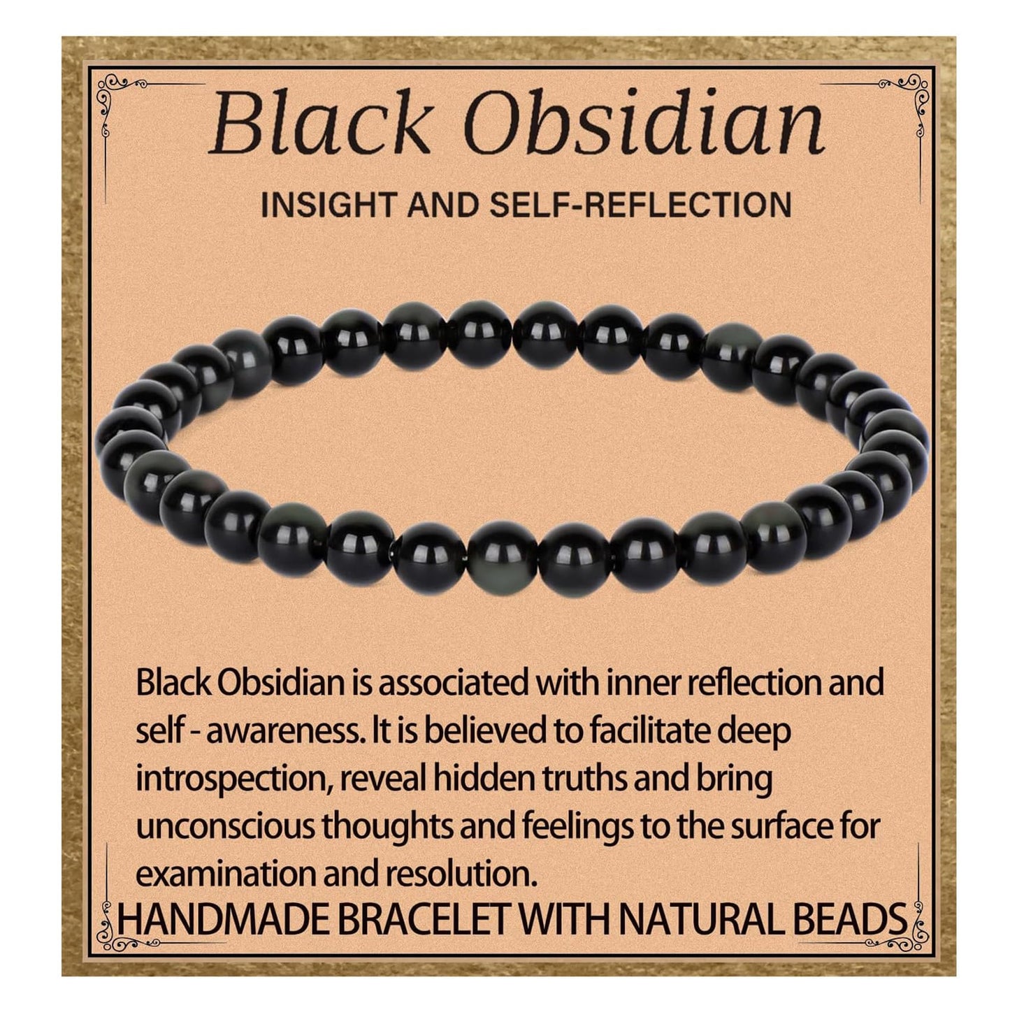 LPBeads Handmade Natural Gemstone Stretch Elastic 6m Black Obsidian Bracelet Healing Crystal Round Stone Beads Jewelry Gifts for Women Men
